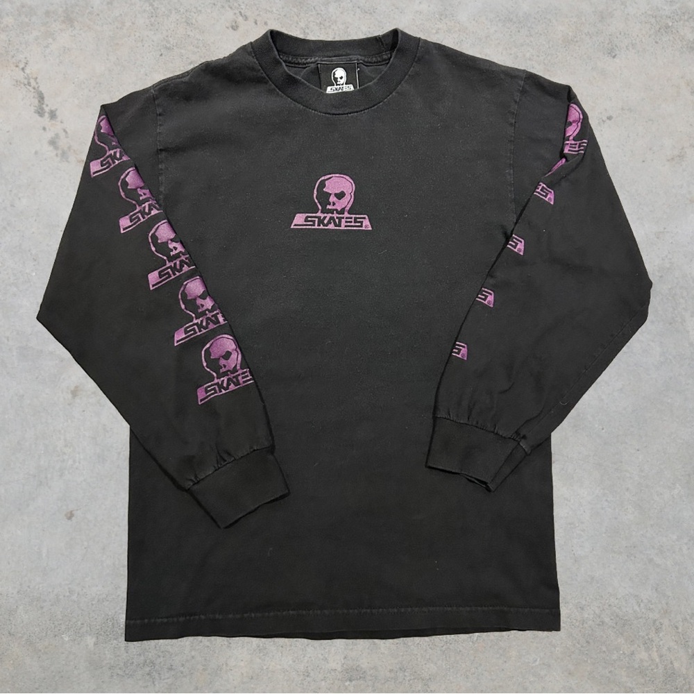 Vintage 90’s Skull Skates Skateboard Faded Black Long Sleeve T Shirt Size Small